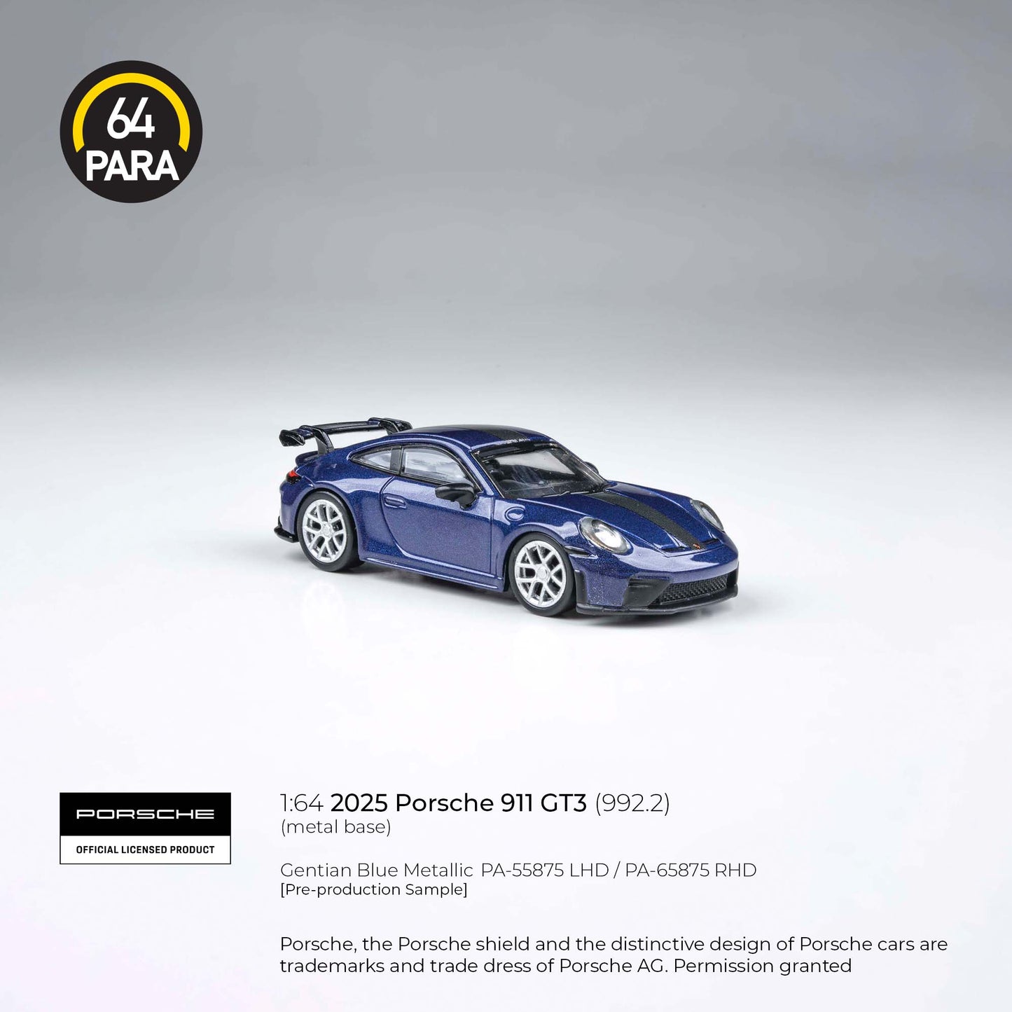 Porsche 911 GT3 (992.2) 2025 Gentian Blue Metallic 1:64 Scale Diecast Collectible