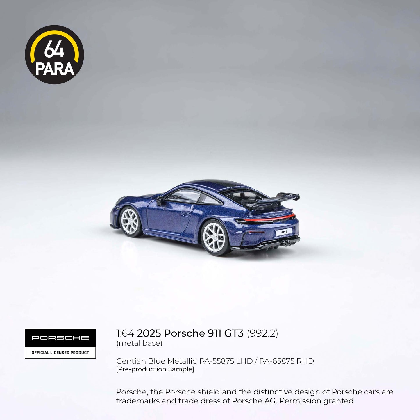 Porsche 911 GT3 (992.2) 2025 Gentian Blue Metallic 1:64 Scale Diecast Collectible