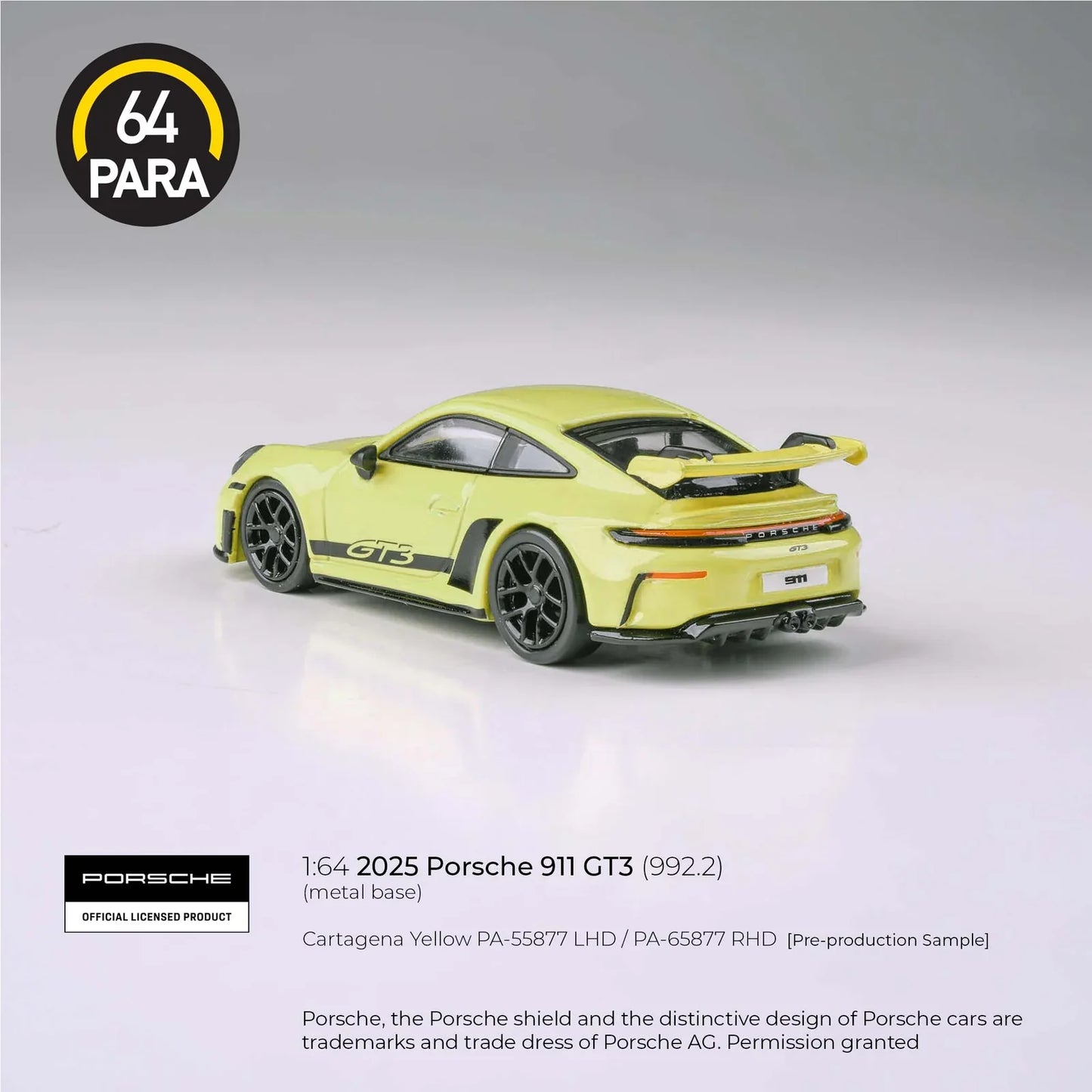 PARA64 Porsche 911 GT3 992.2 Cartagena 2025 Yellow 1:64 Scale Diecast Model (Pre-Order)