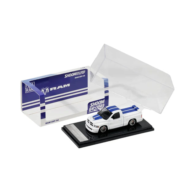 SHOOM64 Dodge Ram SRT-10 (2003) White with Blue Stripes 1:64 Scale Diecast Model