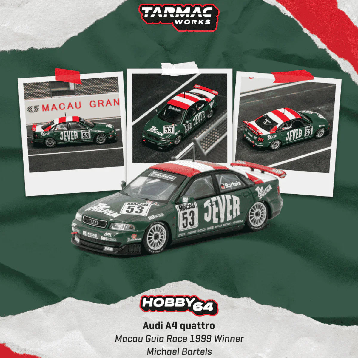 PRE-ORDER | Audi A4 Quattro Macau Guia Race 1999 Winner Michael Bartels 1:64 Scale by Tarmac Works