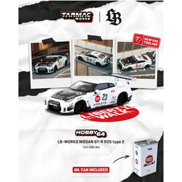 NISSAN GT-R R35 Type 2 With Metal Oil Can Packaging, 1:64 Scale (White)
