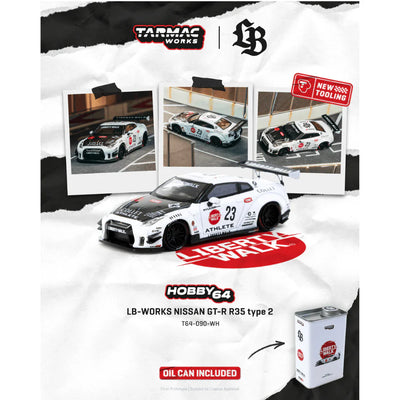 NISSAN GT-R R35 Type 2 With Metal Oil Can Packaging, 1:64 Scale (White)