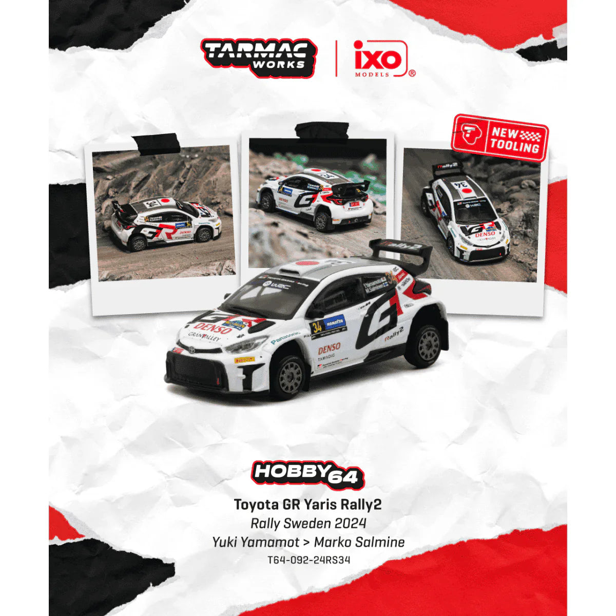 PRE-ORDER | Tarmac Works x iXO Models Toyota GR Yaris Rally2 Sweden 2024 Yuki Yamamoto / Marko Salminen 1:64 Scale