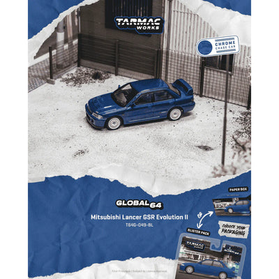 PRE-ORDER Tarmac Works Mitsubishi Lancer GSR Evolution II Chance of Chase Car, 1:64 Scale (Blue)