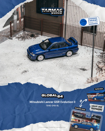 PRE-ORDER Tarmac Works Mitsubishi Lancer GSR Evolution II Chance of Chase Car (Blister Pack), 1:64 Scale (Blue)