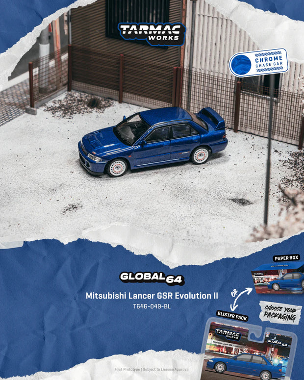 PRE-ORDER Tarmac Works Mitsubishi Lancer GSR Evolution II Chance of Chase Car (Blister Pack), 1:64 Scale (Blue)