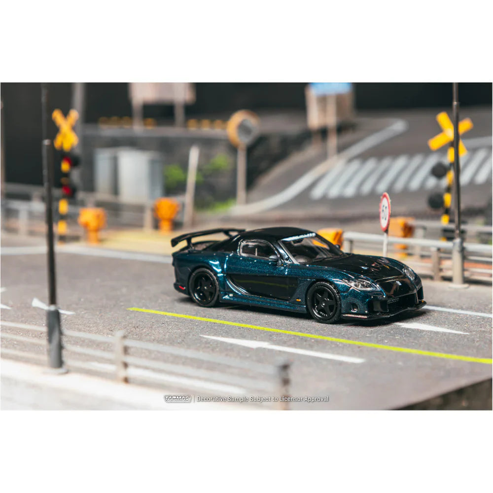 PRE-ORDER Tarmac Works Mazda RX-7 VeilSide Fortune7 Chance of Chase Car, 1:64 Scale (Dark Blue / Black)