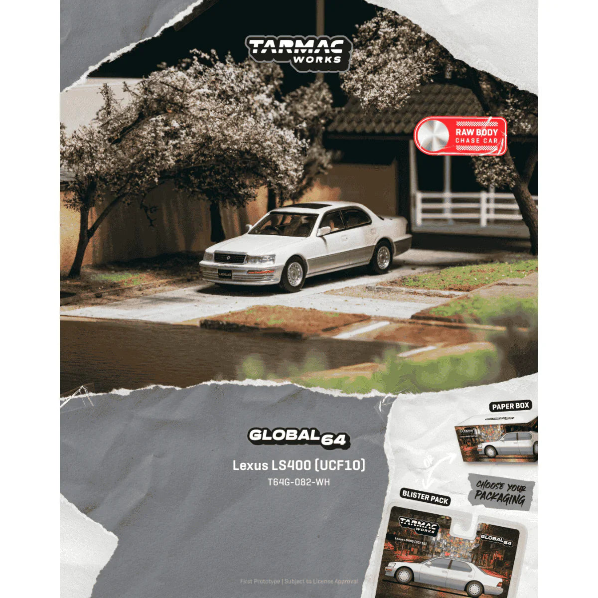 PRE-ORDER Tarmac Works Lexus LS400 (UCF10) Chance of Chase Car, 1:64 Scale (Pearl White)
