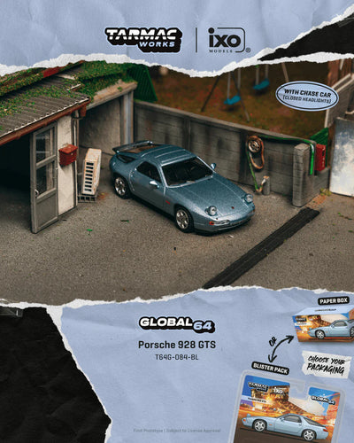 PRE-ORDER Tarmac Works x iXO Models Porsche 928 GTS Chance of Chase Car with Closed Head-Light (Blister Pack), 1:64 Scale (Blue Metallic)