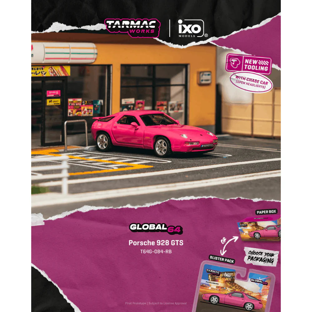 PRE-ORDER Tarmac Works Porsche 928 GTS Chance of Chase Car with Pop-Up Head-Lights, 1:64 Scale (Rubystone Red)