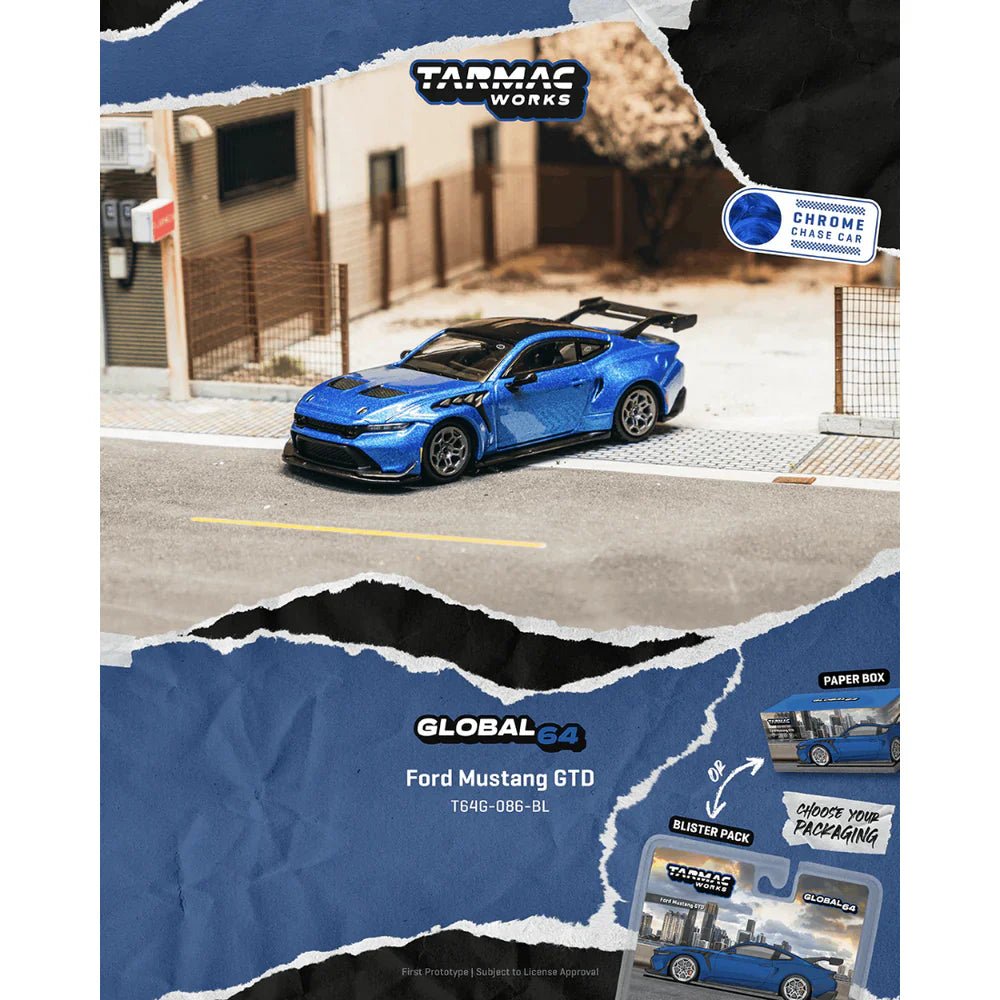 PRE-ORDER Tarmac Works Ford Mustang GTD Chance of Chase Car, 1:64 Scale (Blue)