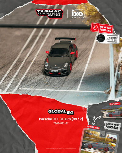 PRE-ORDER Tarmac Works x iXO Models Porsche 911 GT3 RS (997.2) Chance of Chase Car (Blister Pack), 1:64 Scale (Grey)