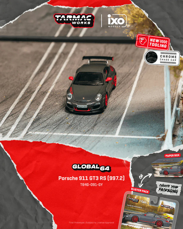 PRE-ORDER Tarmac Works x iXO Models Porsche 911 GT3 RS (997.2) Chance of Chase Car (Blister Pack), 1:64 Scale (Grey)