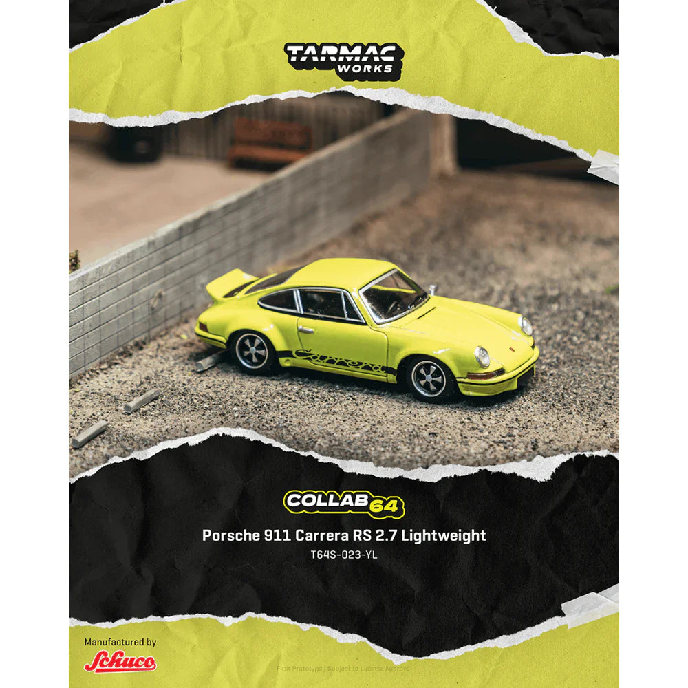 PRE-ORDER Tarmac Works Porsche 911 Carrera RS 2.7 Lightweight Chance of Chase Car, 1:64 Scale (Yellow)