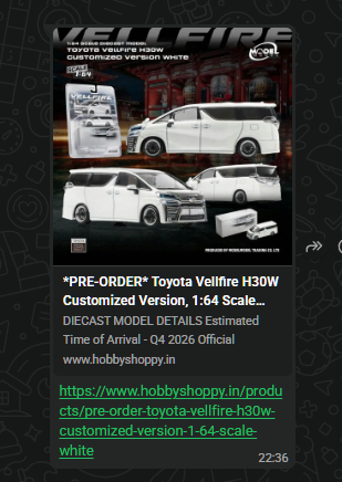 Toyota Vellfire H30W customized version 1:64 scale white pre-order model