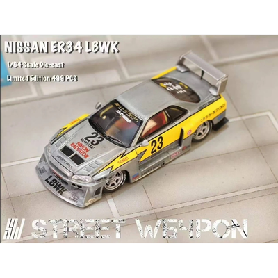 Nissan Skyline GT-R GTR R34 ER34 LBWK #23, 1:64 Scale (Silver & Yellow)